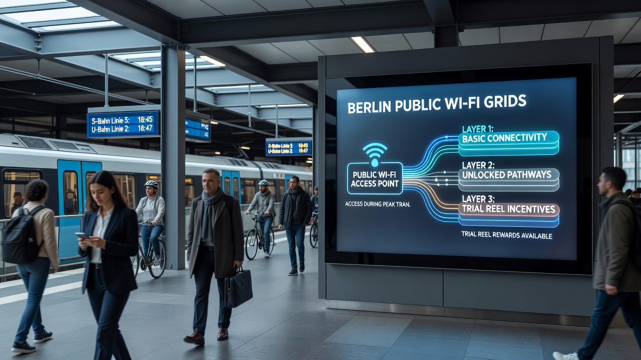 Digitale Anzeige in einem Berliner Bus mit WLAN-Status und Hinweisen auf gestaffelte Trial-Reel-Optionen