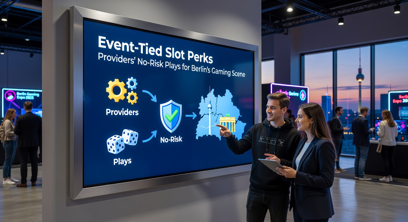 Spieler am Smartphone mit Slot-Perks während eines Berlin-Events, umgeben von Stadtsilhouette und Event-Poster