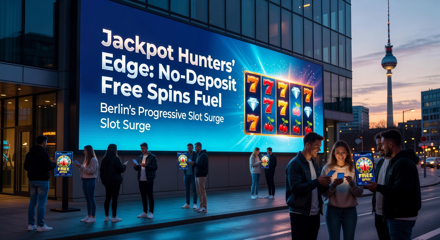 Jackpot-Jäger vor einem Smartphone-Bildschirm, der explodierende Preispools bei No-Deposit Free Spins zeigt, inmitten Berlins urbanem Puls